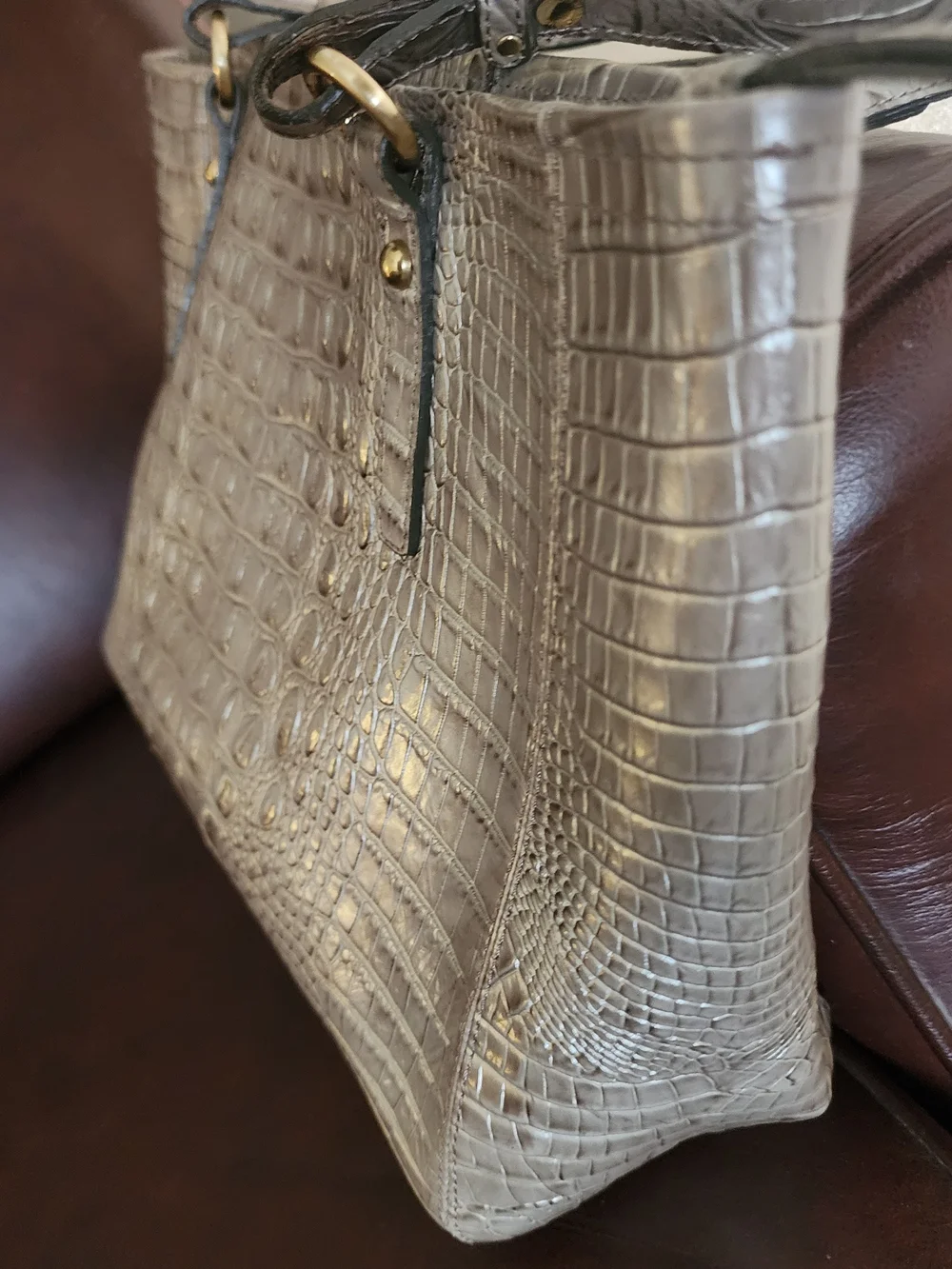 Leather tote bag, Brahmin Medium Asher, champagne/taupe croc-embossed